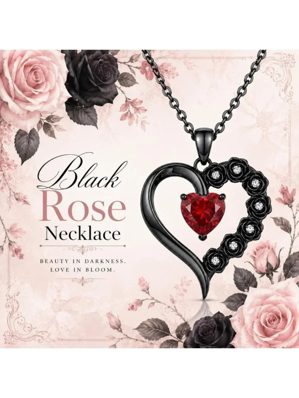 Gothic Black Rose Pendant Necklace for Women - Halloween Jewelry Gift, Floral